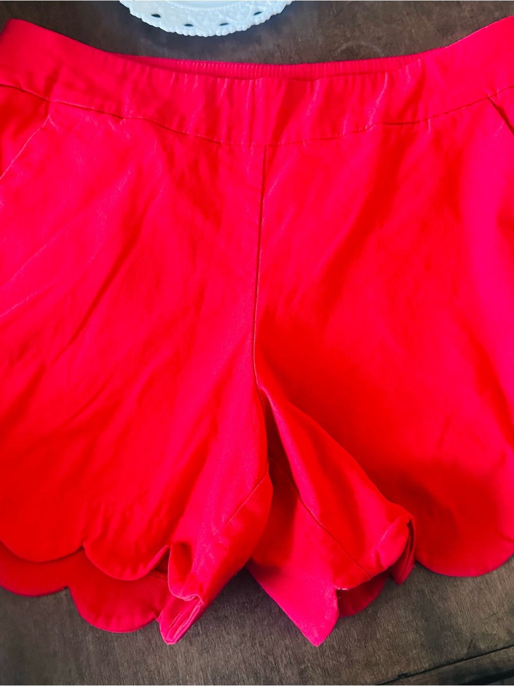 crown & ivy Bright Red Scallop-Hem High Waist Shorts